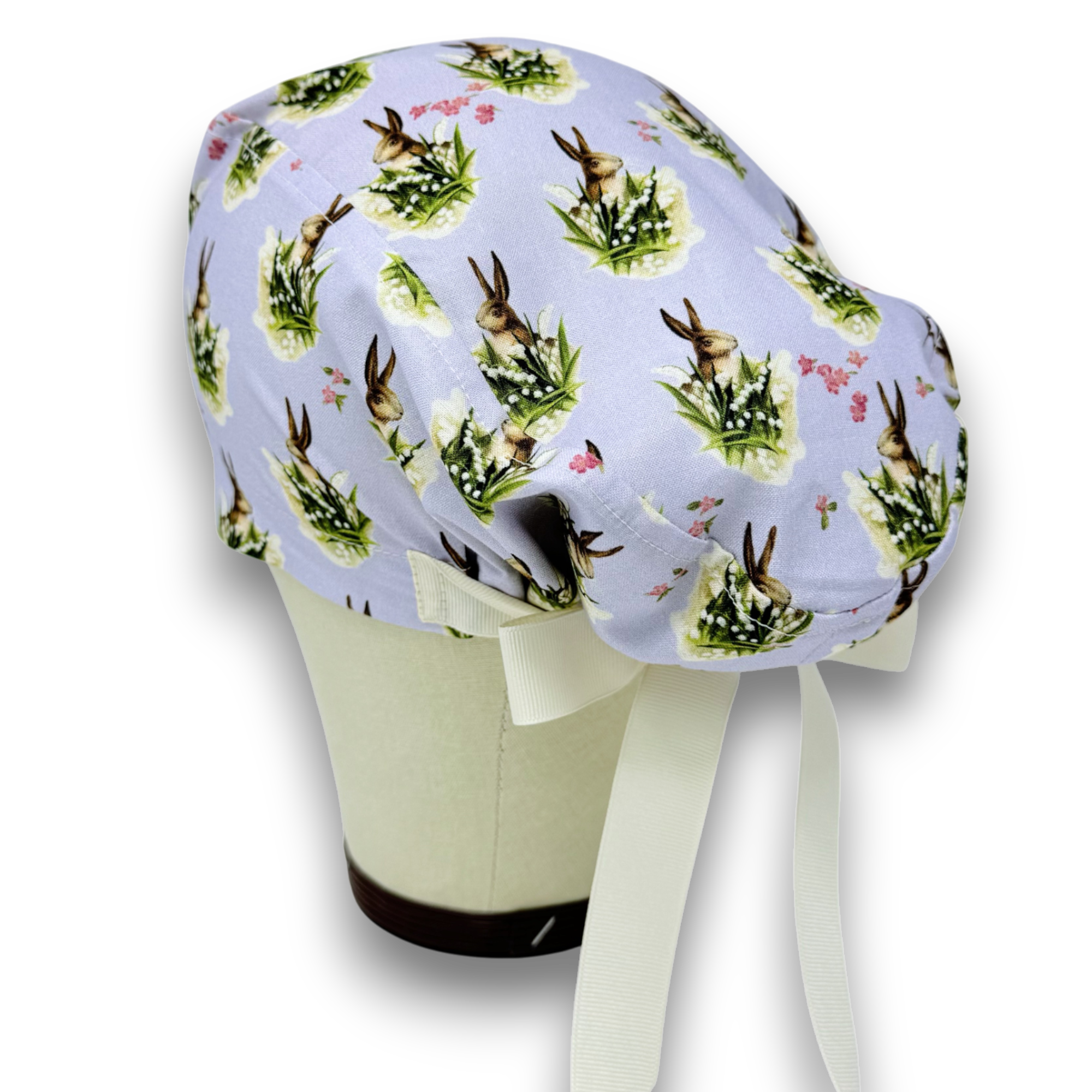 Easter Euro scrub cap with ties for Women, Bunny European Surgical cap with Satin Lined by Paradise Caps.