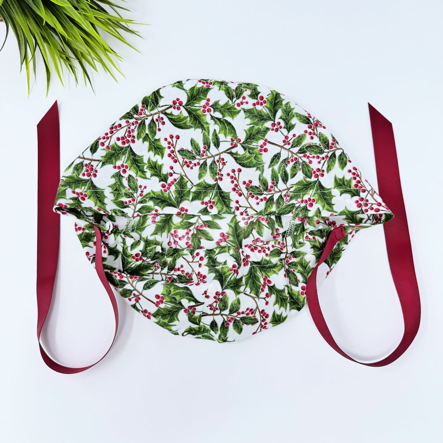 Christmas euro style scrub cap with ribbon ties. Holly Berry scrub cap