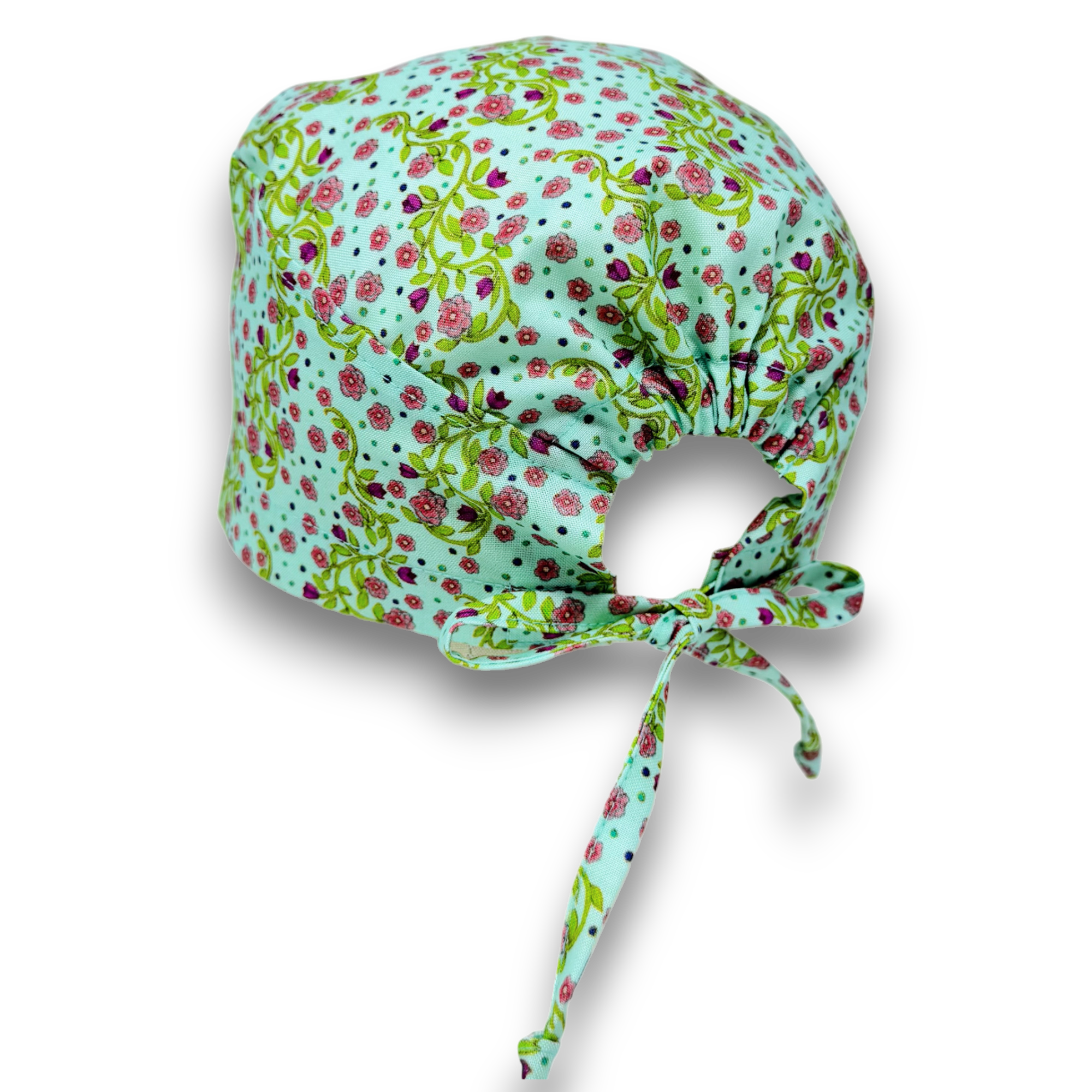 Pink flower skull tie-back style surgical scrub cap by Paradise Caps.