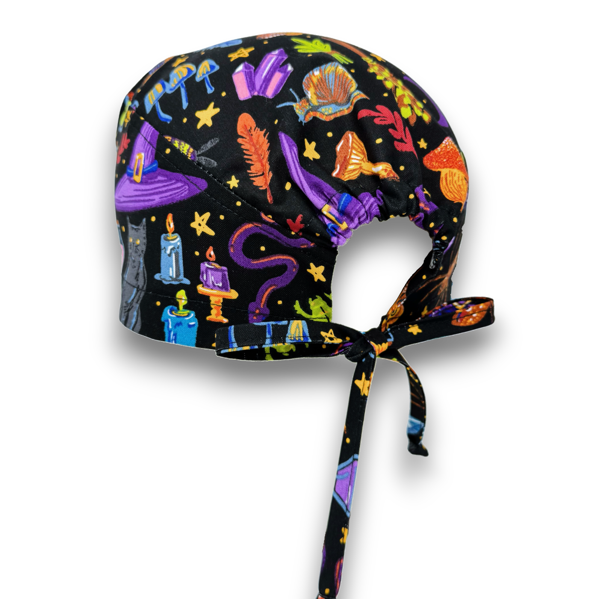 Halloween Witchy Icons Skull tie-back style surgical scrub cap for men by Paradise Caps.