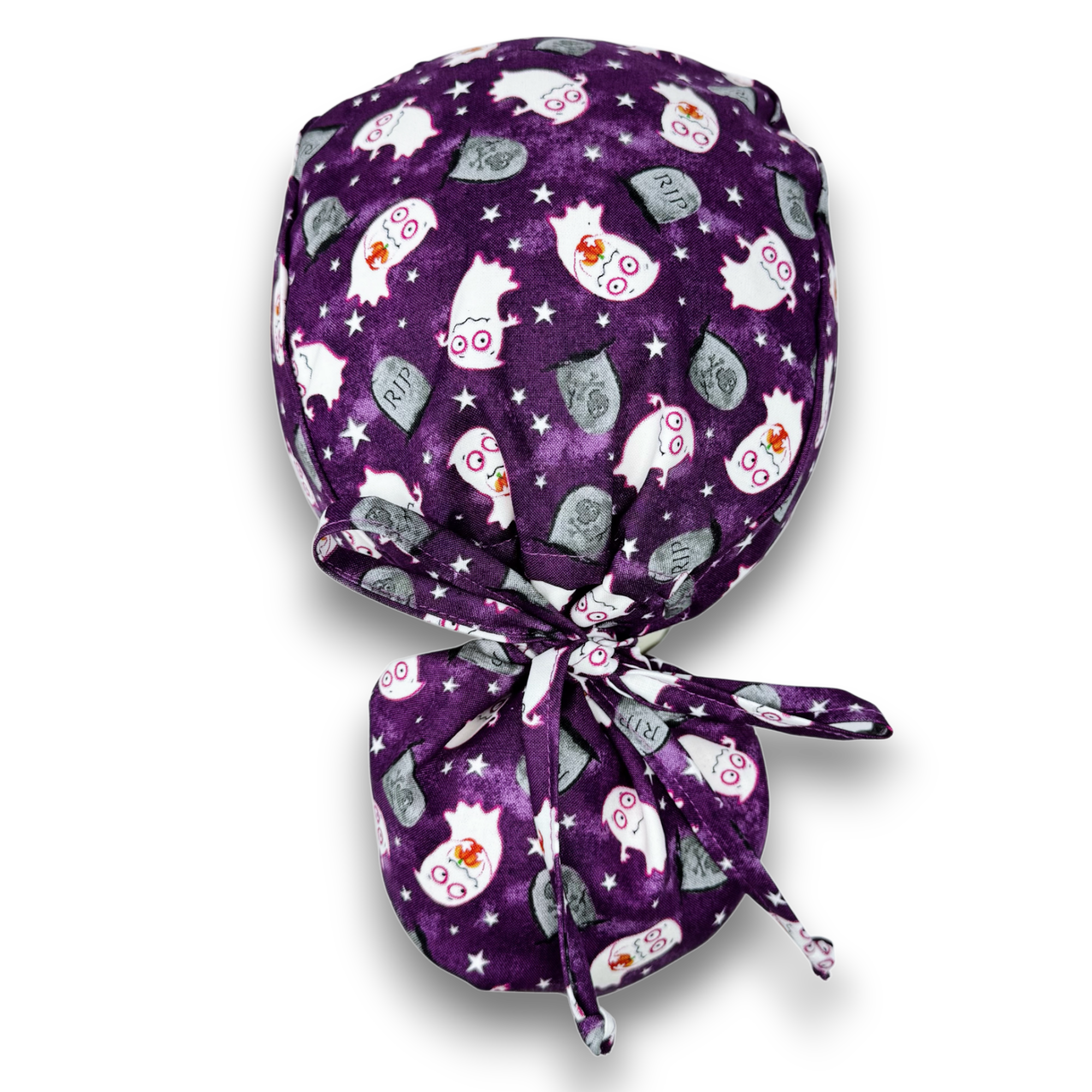 Glow Ghost ponytail scrub cap, Halloween Surgical hat for women. Satin Lined Option Surgical cap by Paradise Caps.