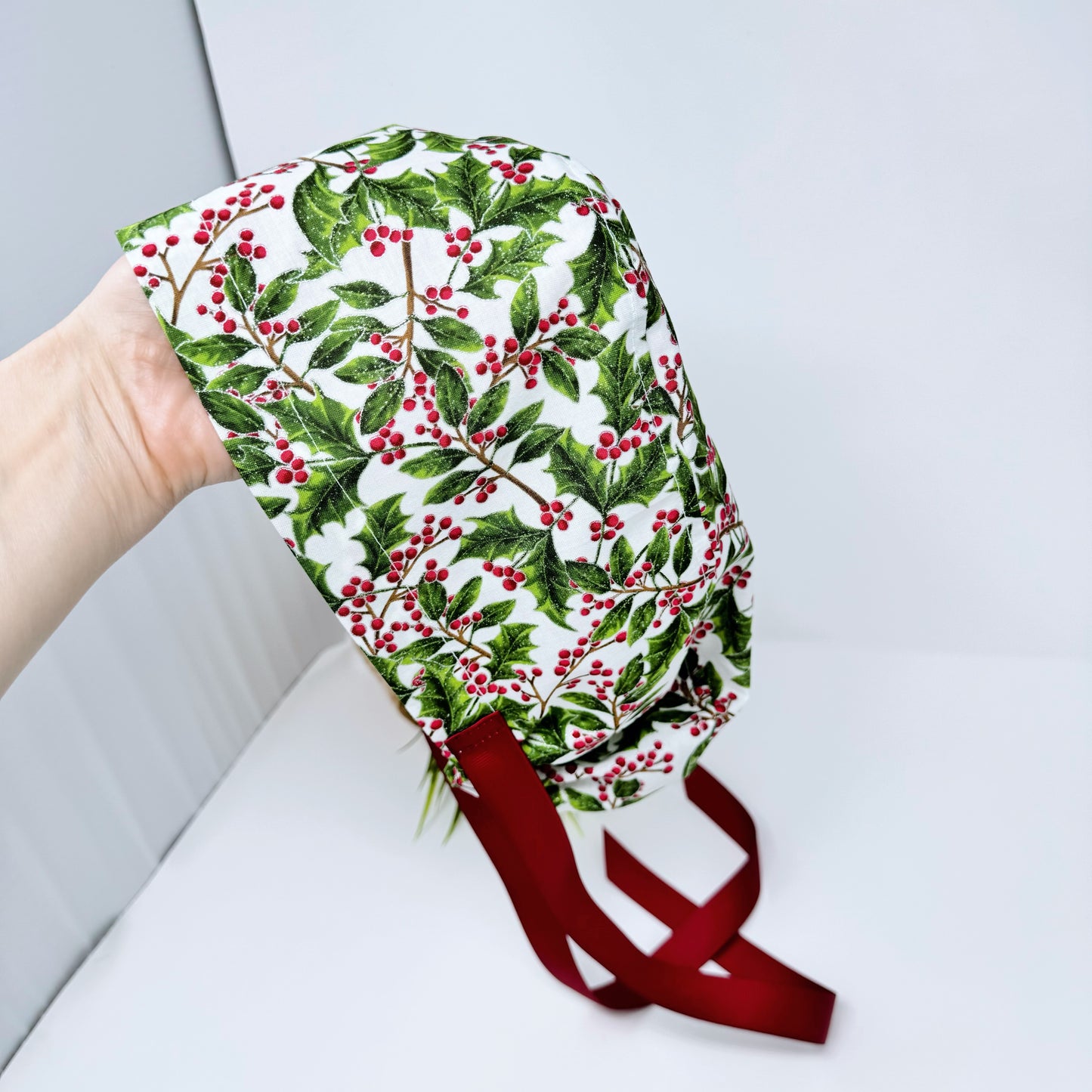 Christmas euro style scrub cap with ribbon ties. Holly Berry scrub cap