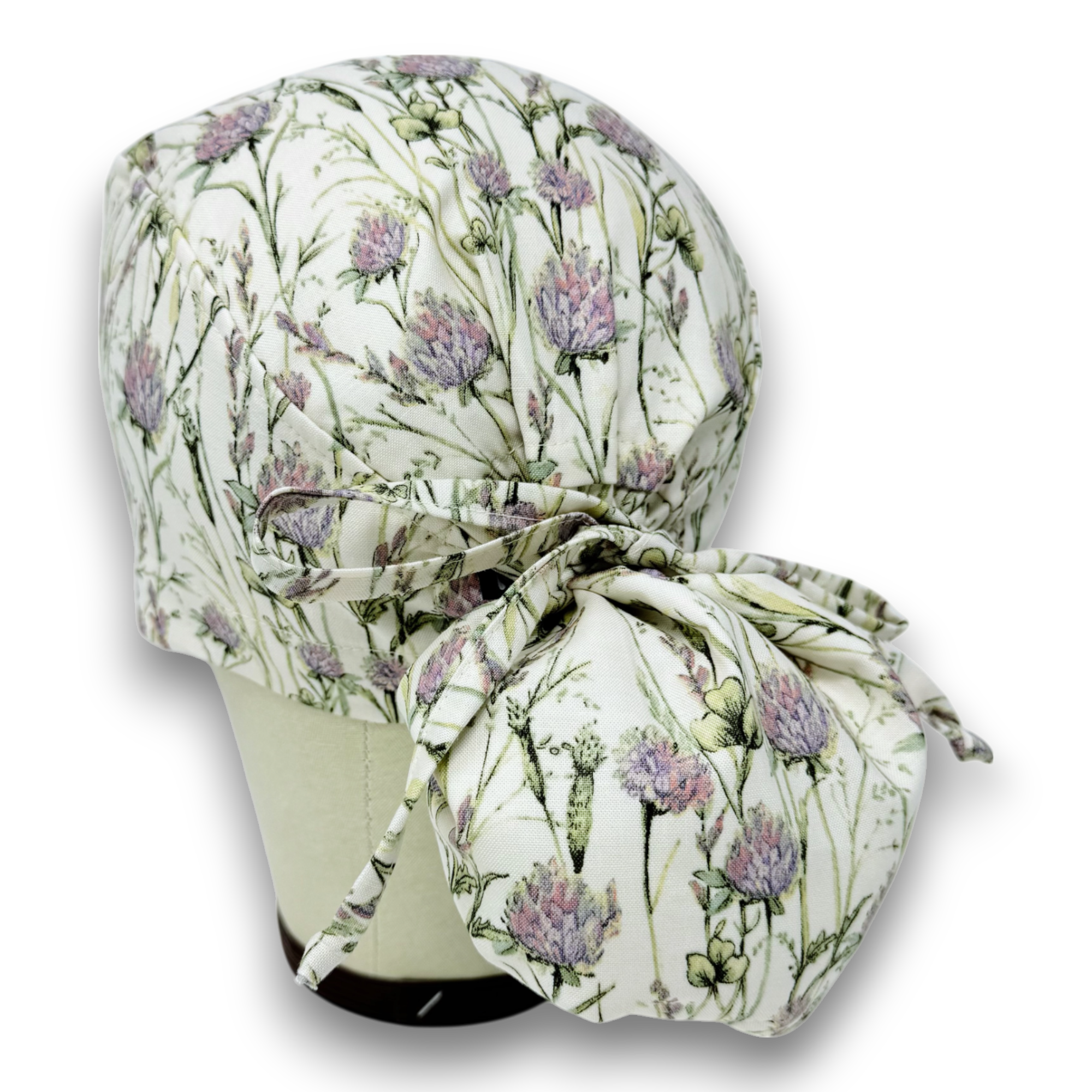 Clover Meadow Ponytail scrub cap for women with satin lined option by Paradise Caps.