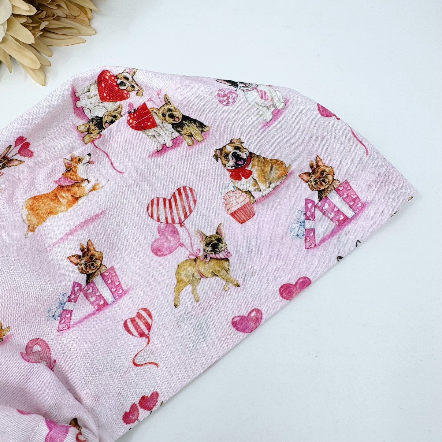 Dog Euro Scrub Cap for Women, Valentine's day Surgical hat with Satin Lined Option by Paradise Caps.