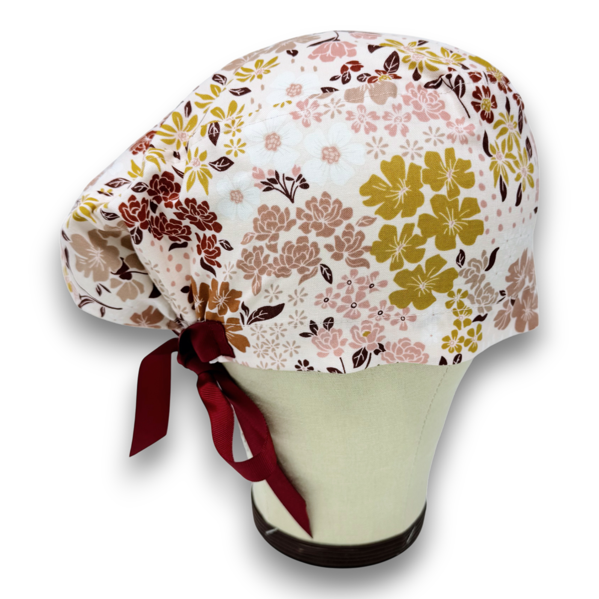 Floral Euro scrub cap with ties for Women by Paradise Caps. Euro PLUS style.