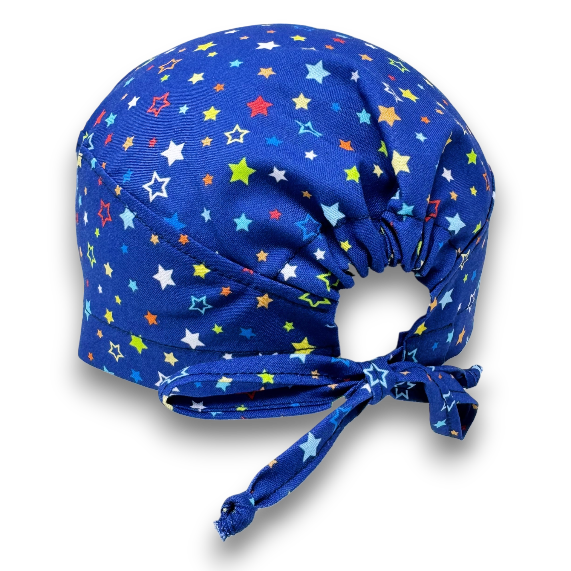 Star Men's surgical cap. Blue satin lined skull tie-back style scrub cap by Paradise Caps.
