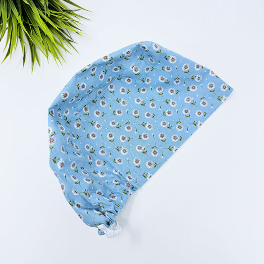 Tossed DaisIes Blue Euro Scrub Cap for Women, Surgical cap Satin Lined Option