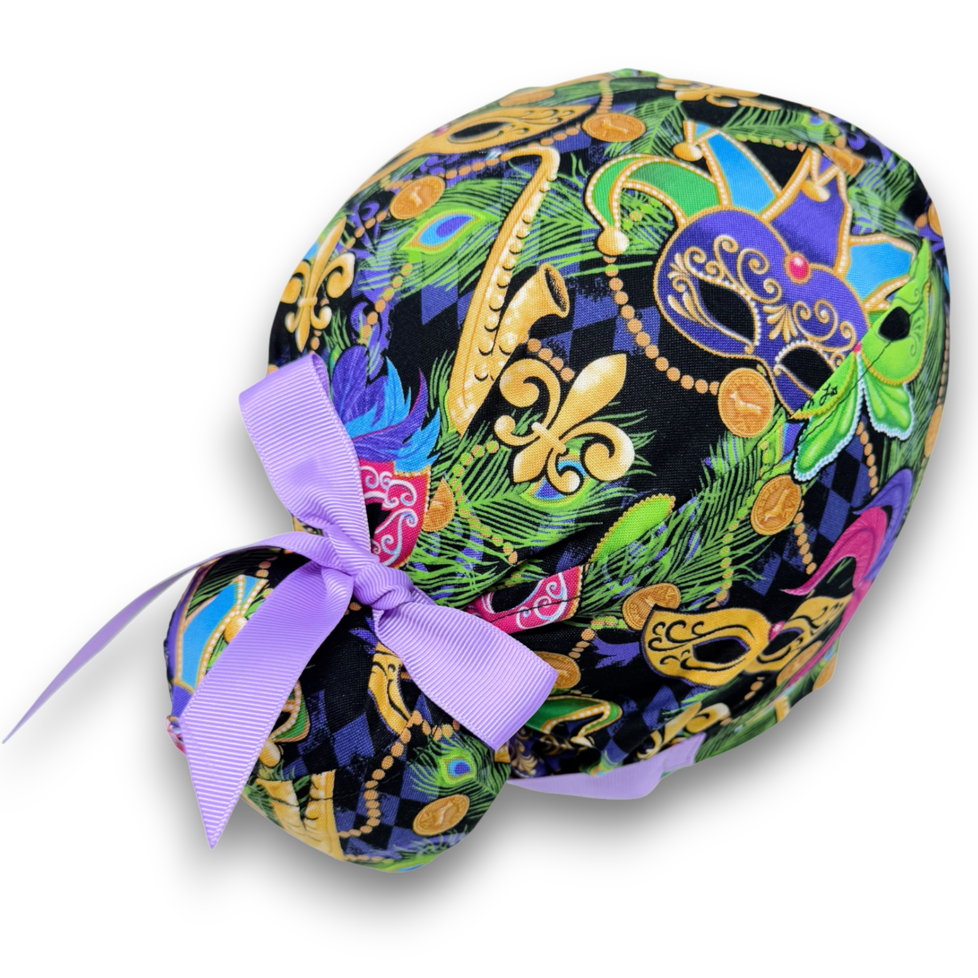 Mardi Gras Euro scrub cap with ties for Women by Paradise Caps. Euro PLUS style.