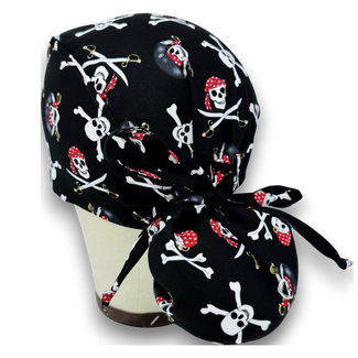 Halloween Ponytail scrub cap for women with Satin Lined option. Pirate Scrub hat for women by Paradise Caps.
