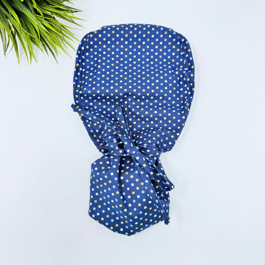 Navy Polka Dots Ponytail scrub cap, Surgical cap women. Satin Lined Option Surgical cap with ponytail.