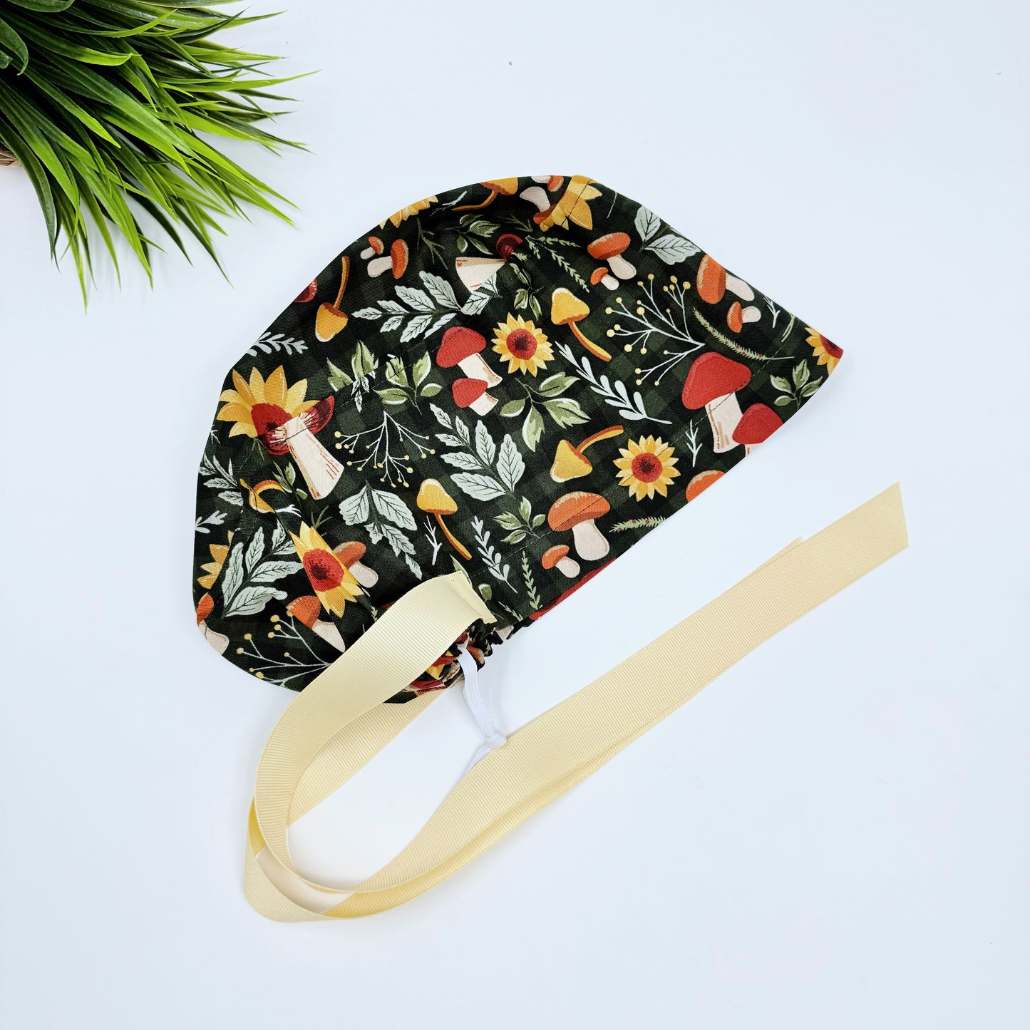 Fall flowers Euro PLUS style with ties Scrub Cap for Women, European Surgical cap with Satin Lined Option.