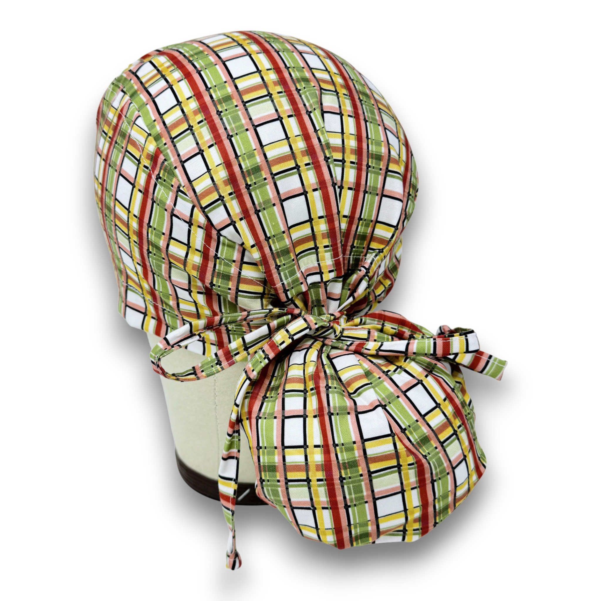 Autumn Plaid Ponytail scrub cap for women with satin lined option by Paradise Caps.