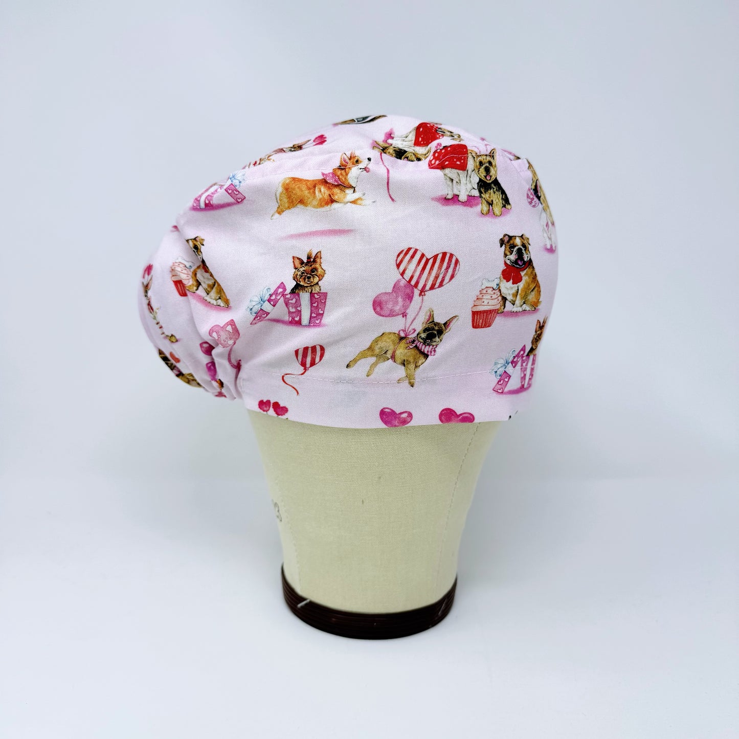 Dog Euro Scrub Cap for Women, Valentine's day Surgical hat with Satin Lined Option by Paradise Caps.