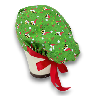 Christmas Bee Euro scrub cap with ties for Women by Paradise Caps. Euro PLUS style.