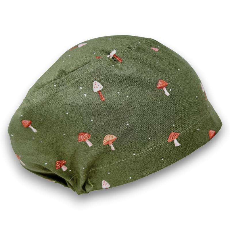 Muted green Euro scrub cap with small autumn mushroom motifs