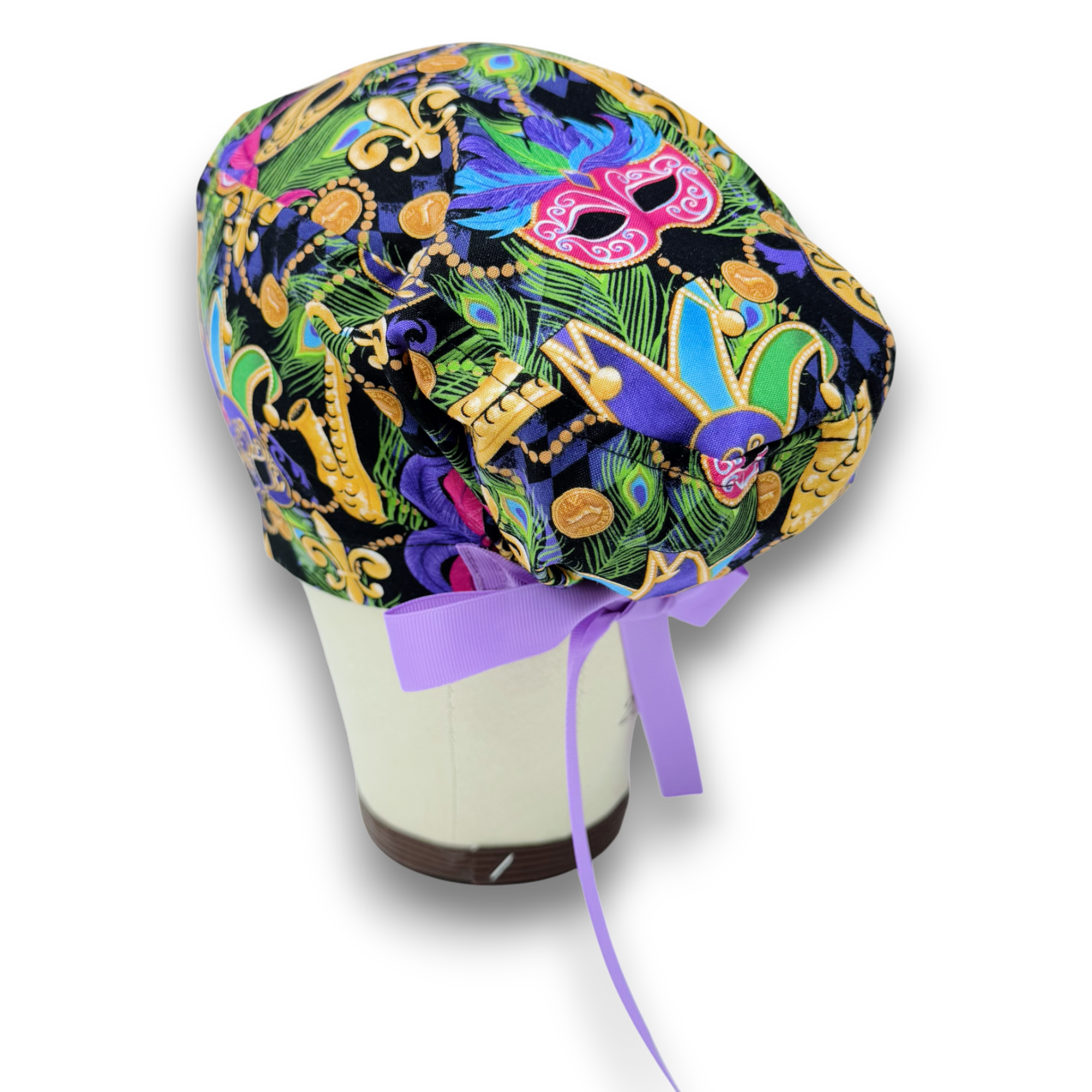 Mardi Gras Euro scrub cap with ties for Women by Paradise Caps. Euro PLUS style.