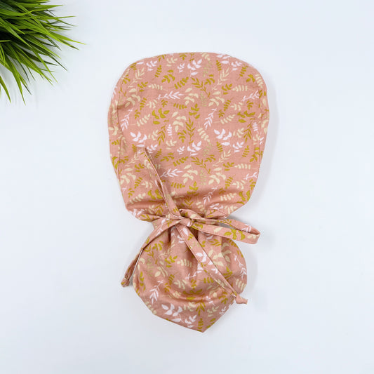 Leaves Coral Ponytail scrub cap, Surgical cap women. Satin Lined Option Surgical cap with ponytail.