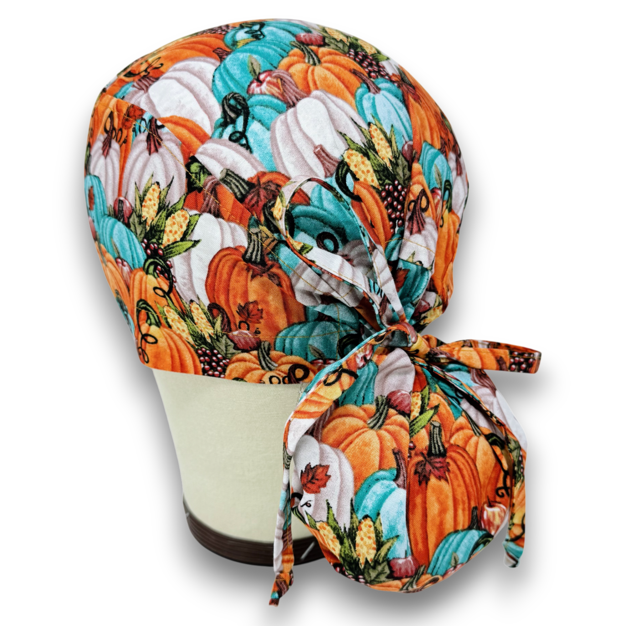 Thanksgiving Pumpkin Ponytail scrub cap for women with satin lined option by Paradise Caps.