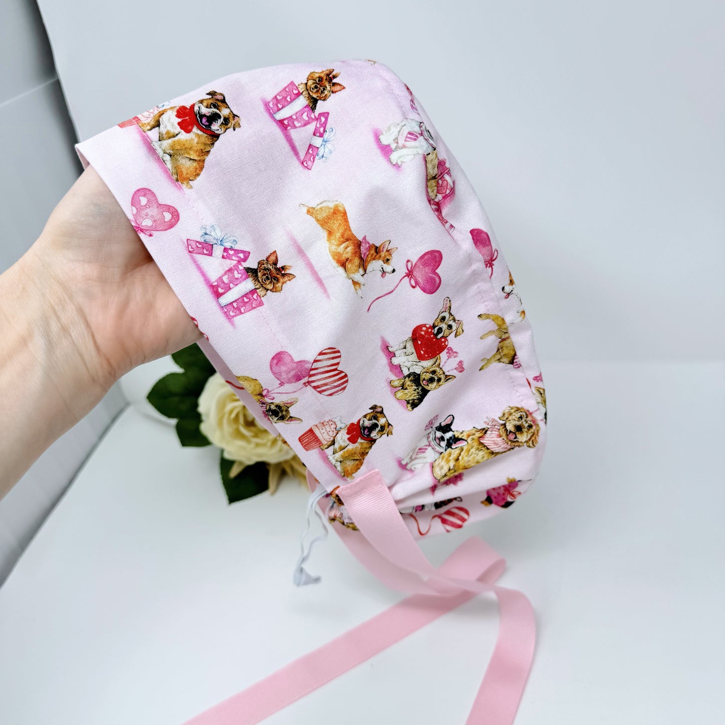 Valentine's day Euro scrub cap with ties for Women, Dog European Surgical cap with Satin Lined by Paradise Caps.