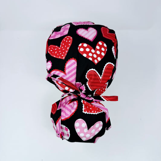 Valentines Quilted Hearts Ponytail scrub cap.