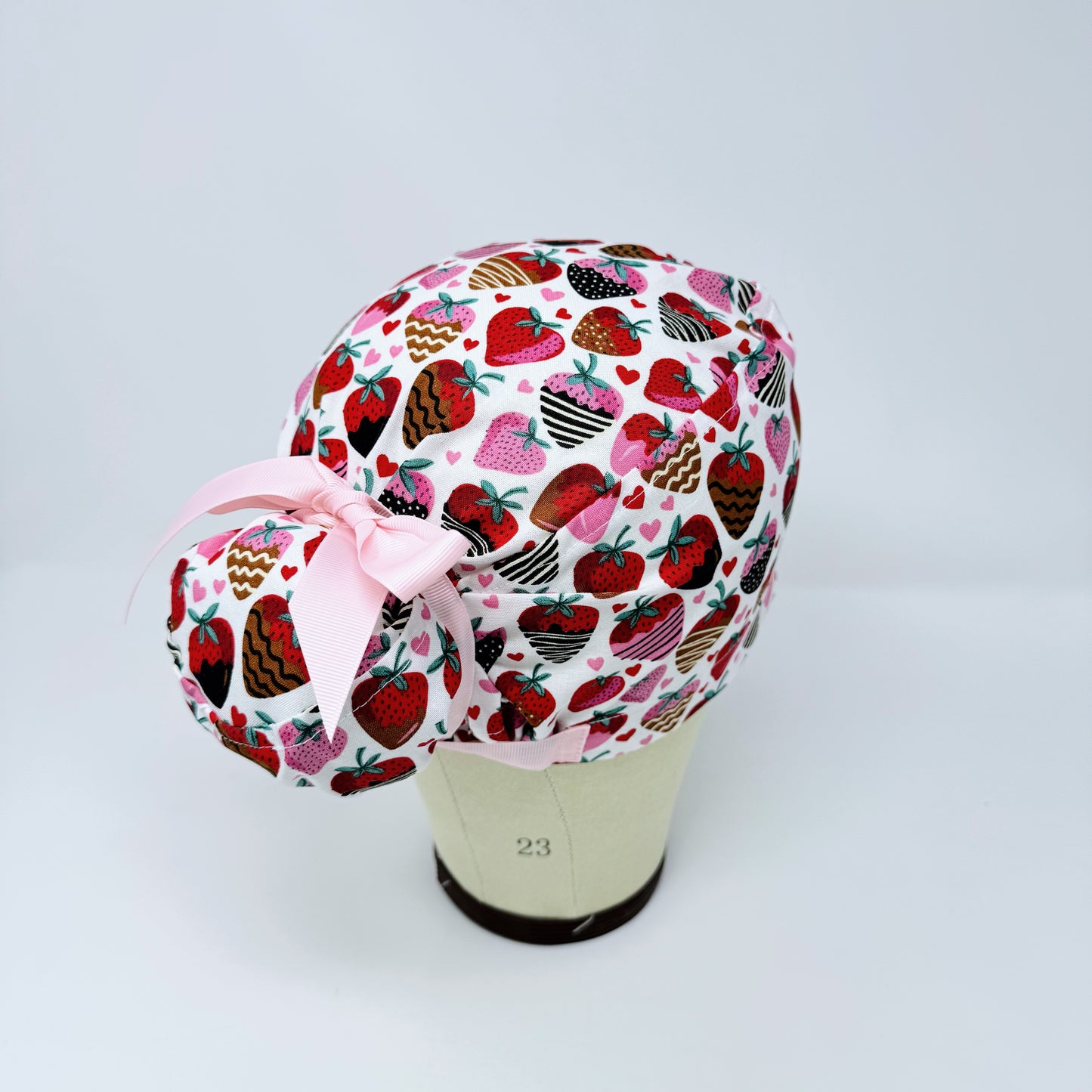 Valentine's day Euro scrub cap with ties for Women, Strawberry European Surgical cap with Satin Lined by Paradise Caps.