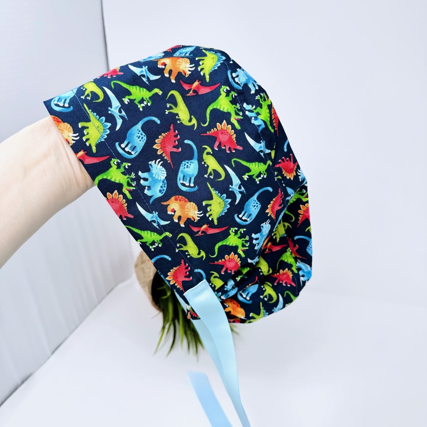 Fashion Dinosaurs Euro PLUS style with ties Scrub Cap for Women, European Surgical cap with Satin Lined Option.