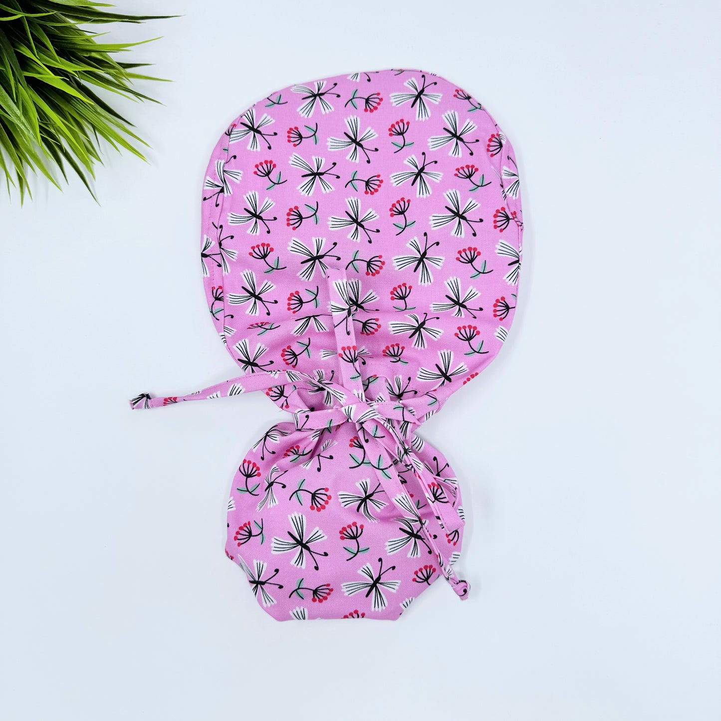 Charmingly Cheerful Ponytail scrub cap, Surgical cap women. Satin Lined Option Surgical cap with ponytail.