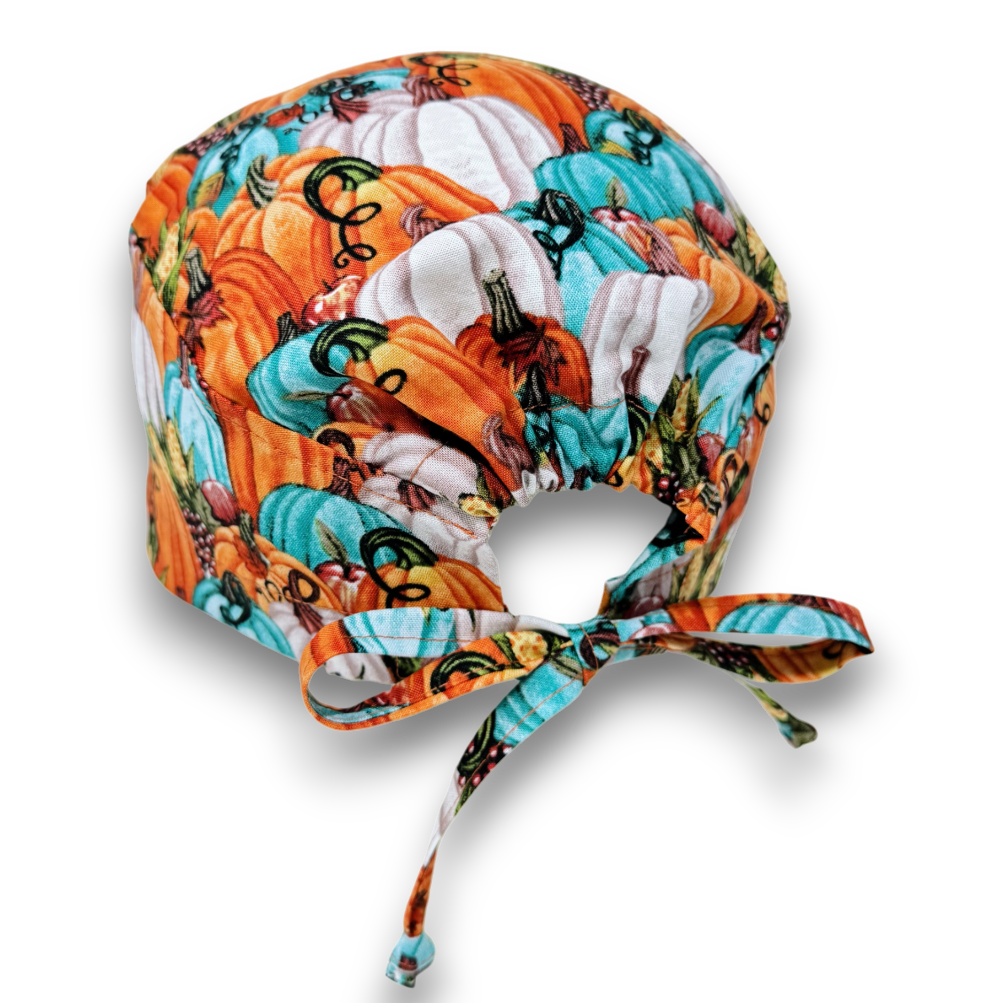 Thanksgiving Pumpkin Skull tie-back style surgical scrub cap for men by Paradise Caps.