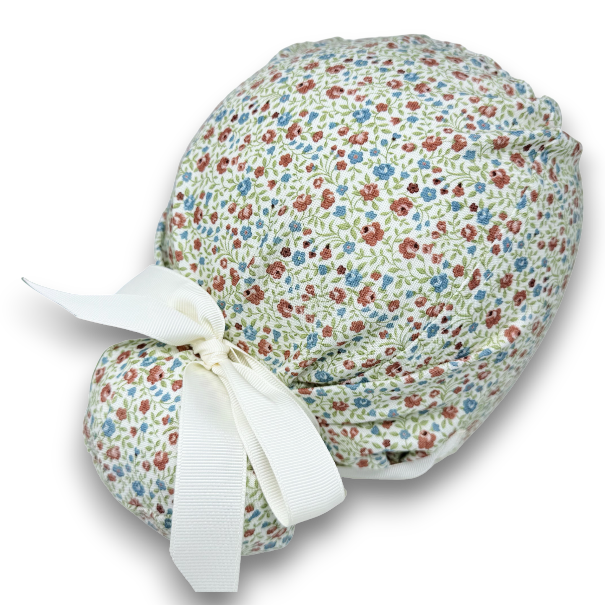 Red Blue Blossoms Euro scrub cap with ties for Women by Paradise Caps. Euro PLUS style.