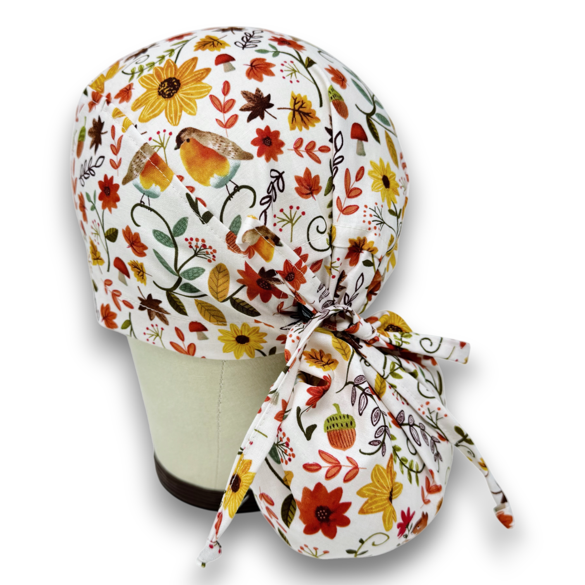 Fall flower Ponytail scrub cap for women. Satin Lined Option Surgical cap with ponytail by Paradise Caps.