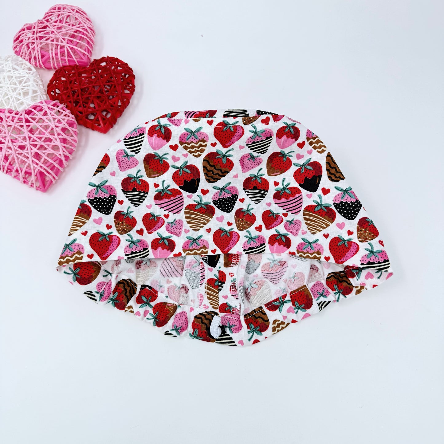 Strawberry Euro Scrub Cap for Women, Valentine's day Surgical hat with Satin Lined Option by Paradise Caps.