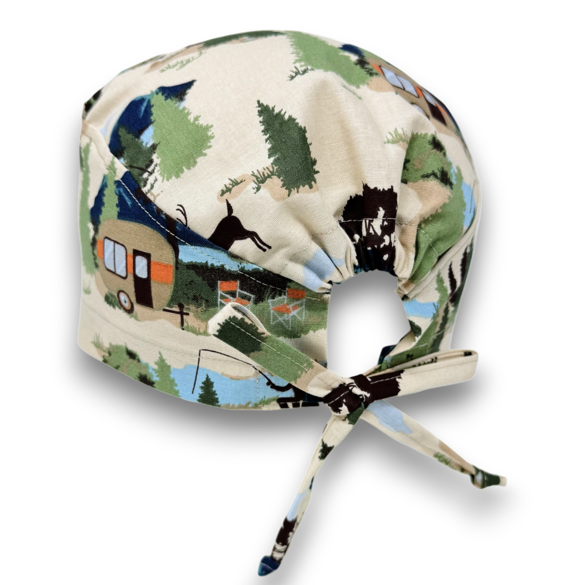 Camping Skull tie-back style surgical scrub cap for men by Paradise Caps.
