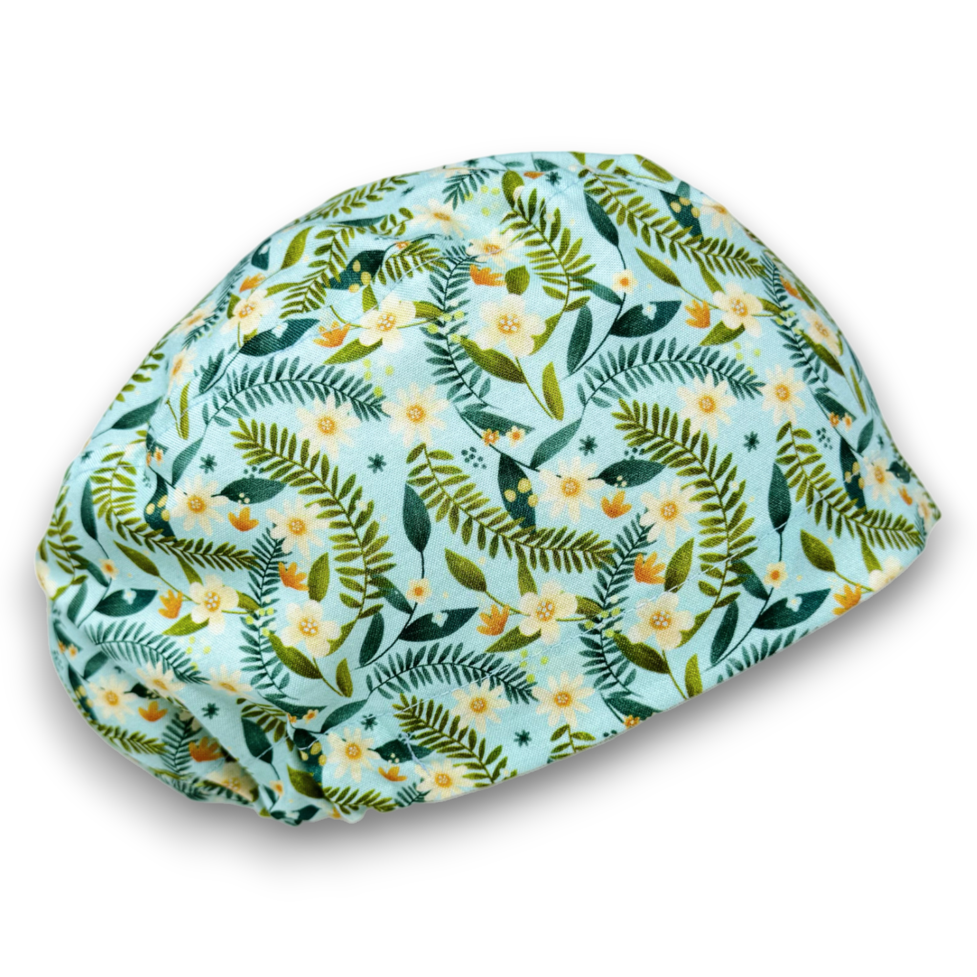 Yellow flower Euro Scrub Cap for Women with Satin Lined Option by Paradise Caps.