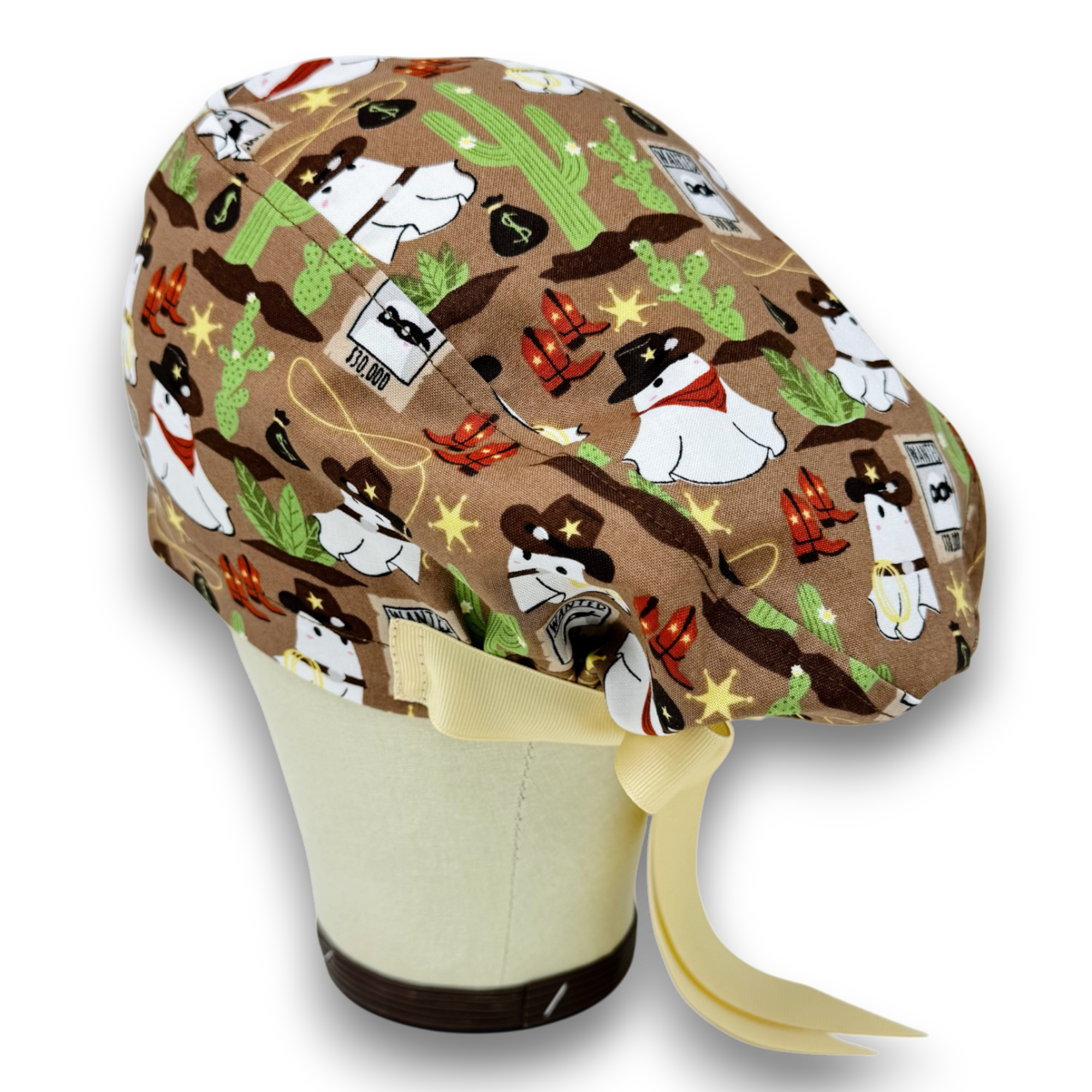 Cowboy Boo Euro scrub cap with ties for Women, Halloween European Surgical cap with Satin Lined Option by Paradise Caps. Euro PLUS style.