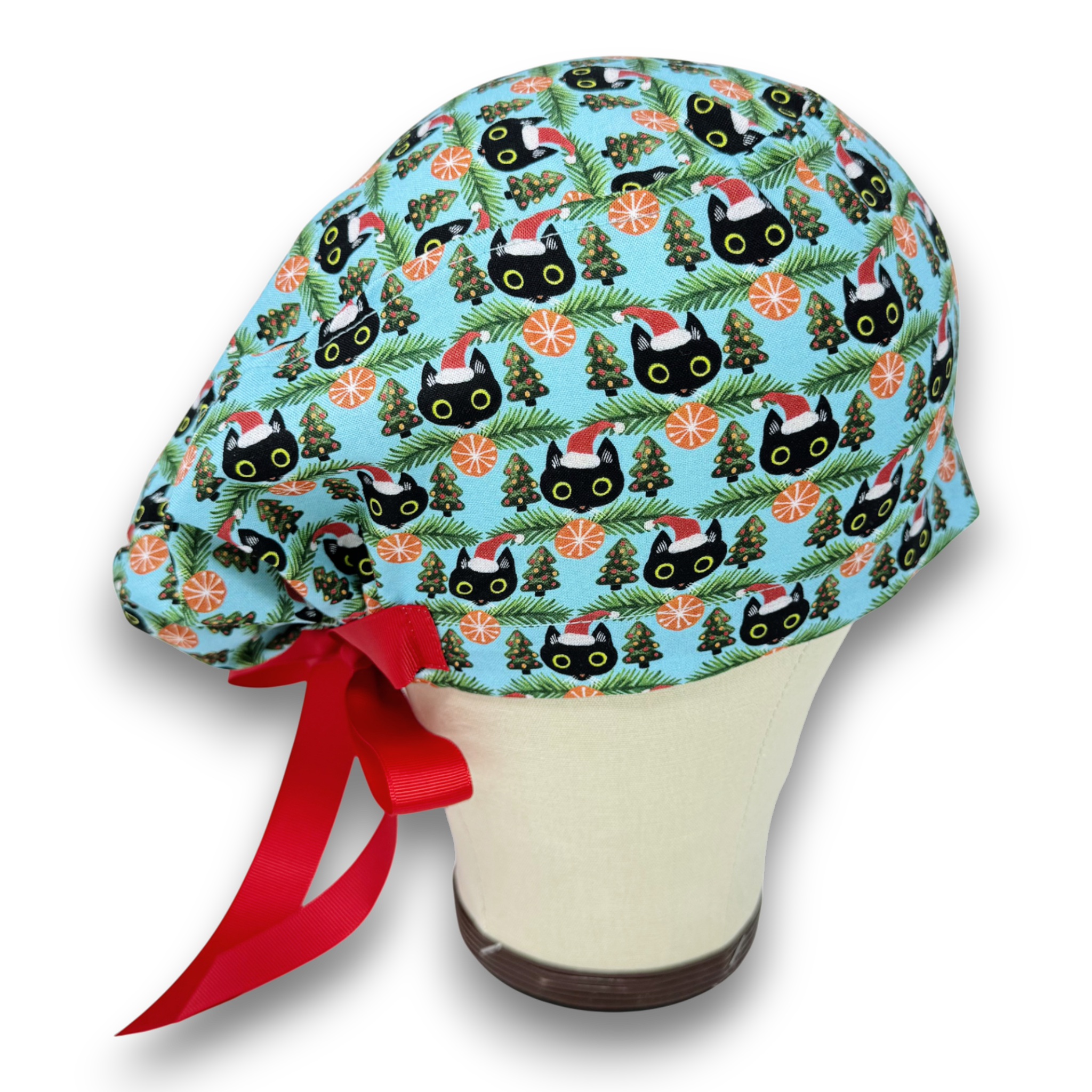 Christmas Cat Euro scrub cap with ties for Women by Paradise Caps. Euro PLUS style.
