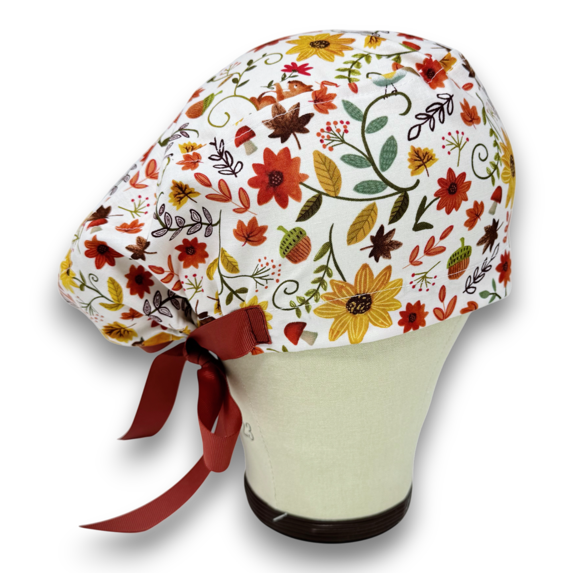 Fall flower Euro scrub cap with ties for Women, European Surgical cap with Satin Lined Option by Paradise Caps. Euro PLUS style.