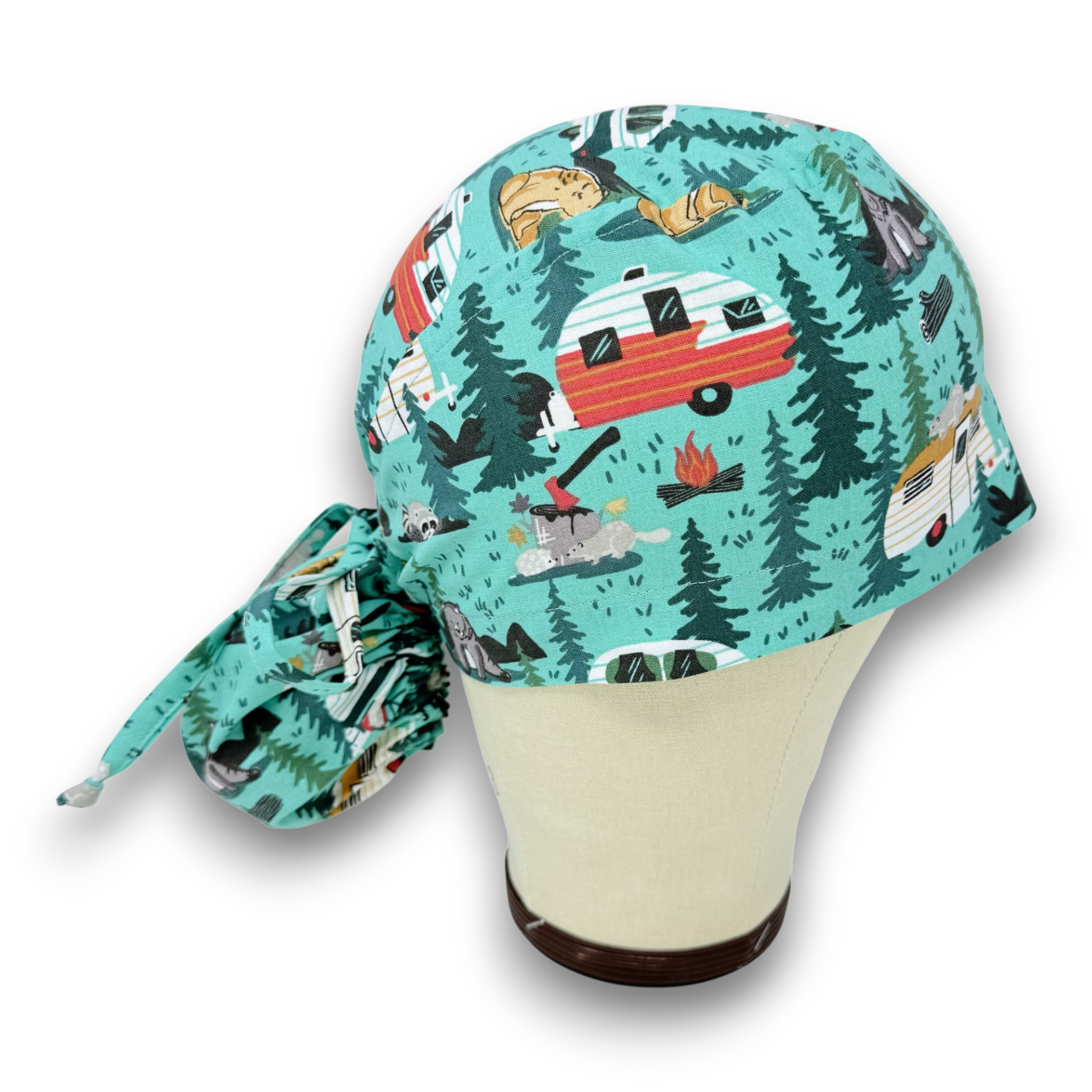 Forest Camping Ponytail scrub cap for women with satin lined option by Paradise Caps.