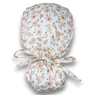 Flower Ponytail scrub cap for women with satin lined option by Paradise Caps.