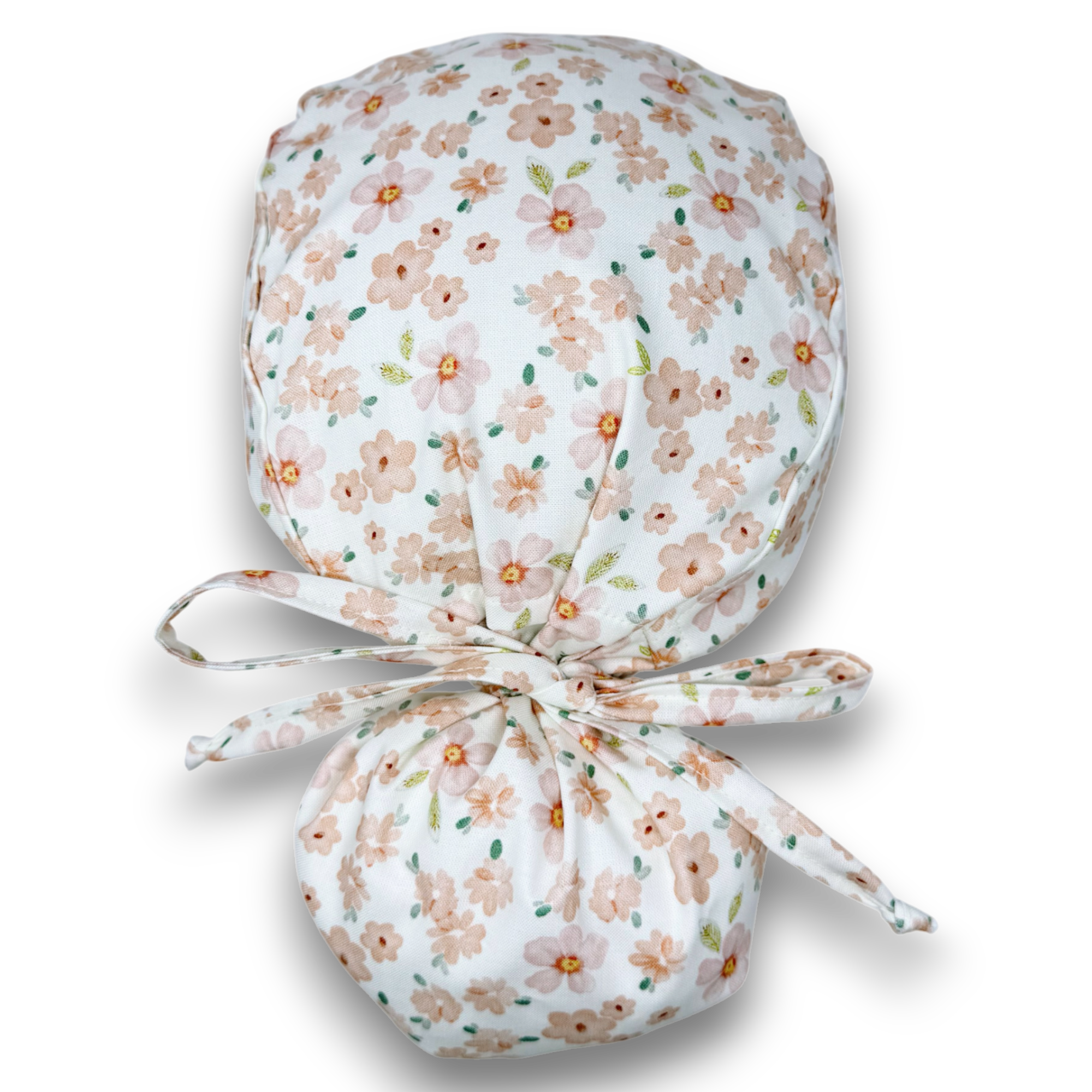 Flower Ponytail scrub cap for women with satin lined option by Paradise Caps.
