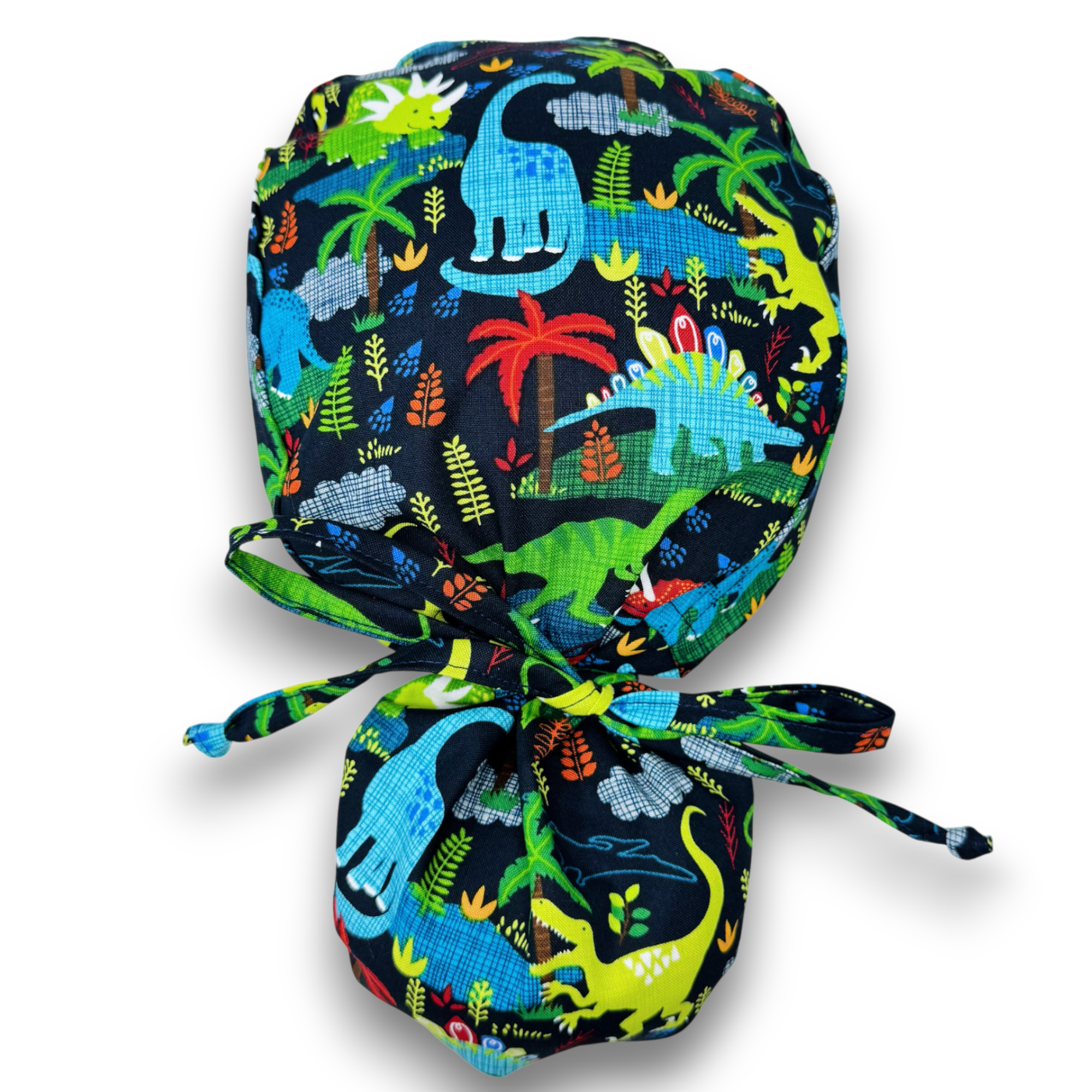 Dinosaur Ponytail scrub cap for women with satin lined option by Paradise Caps.