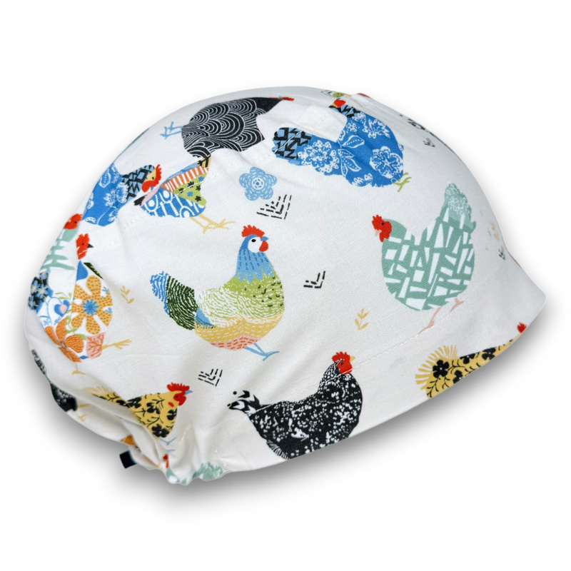 White Euro scrub cap with colorful patchwork-style chickens