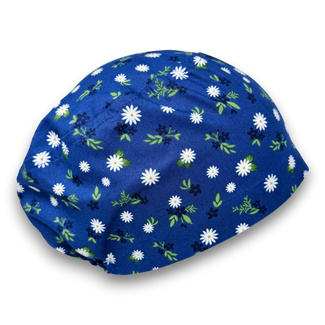 Euro scrub cap for women. Navy Daisy European surgical hat with satin lined by Paradise Caps.