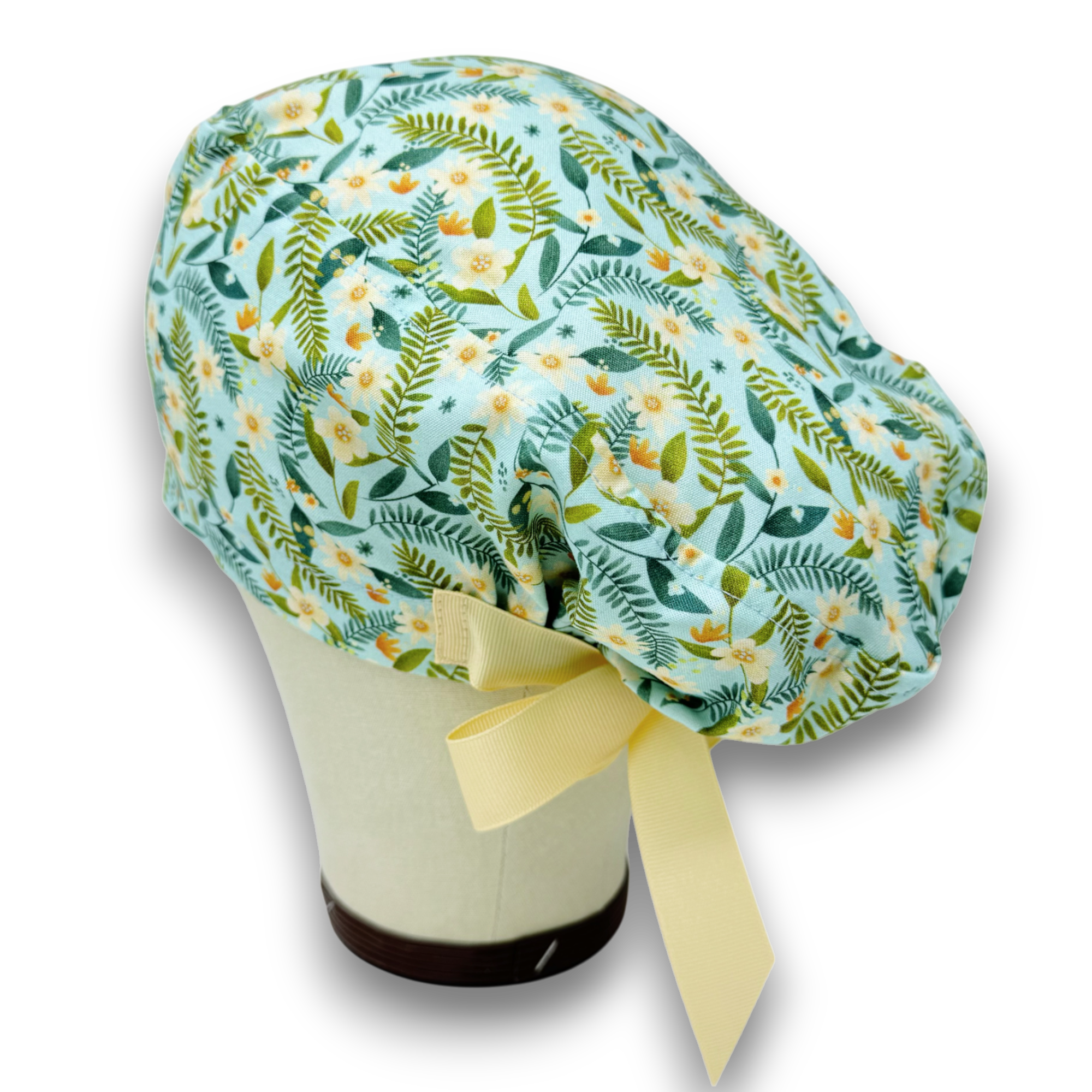 Yellow flower Euro scrub cap with ties for Women by Paradise Caps. Euro PLUS style.