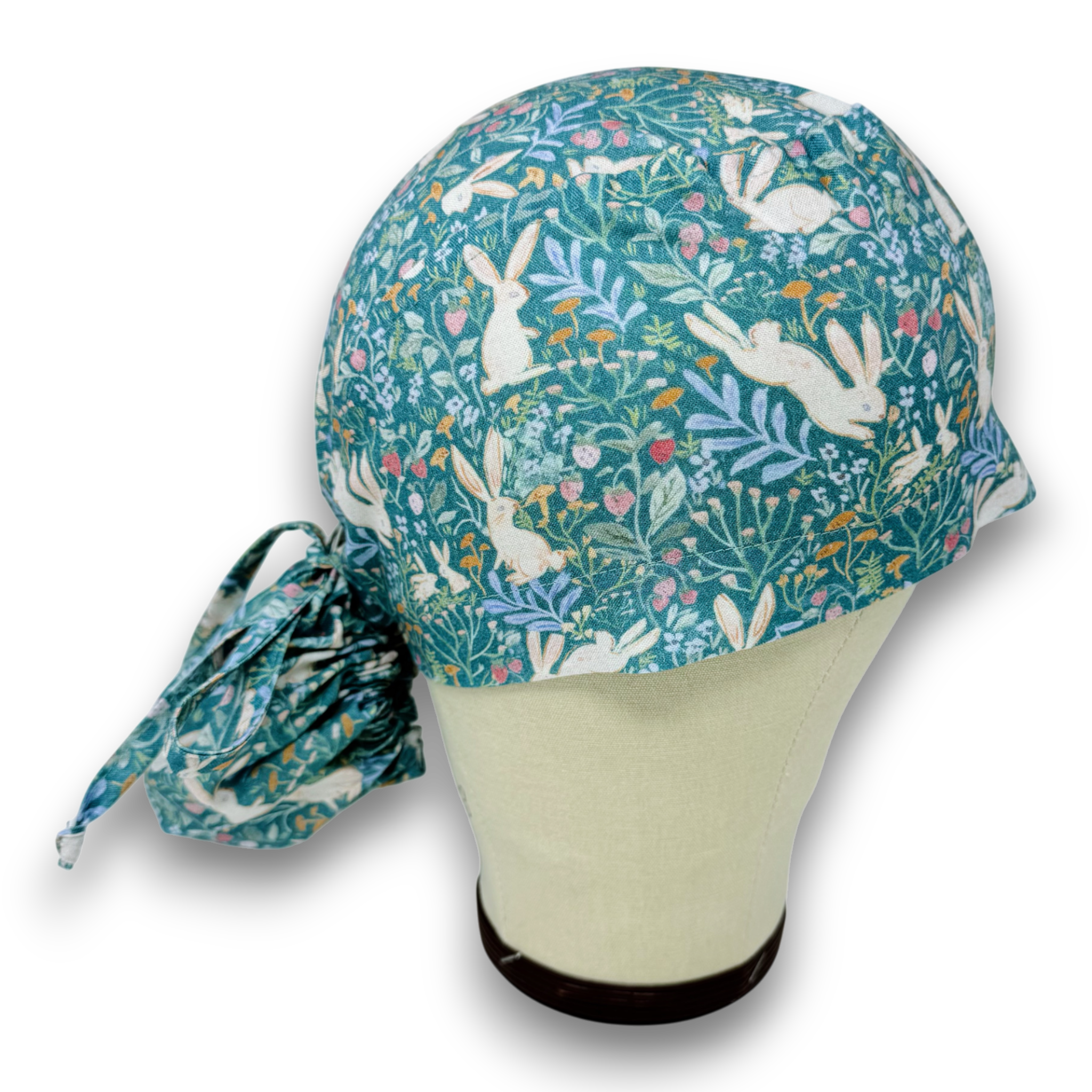 Ponytail scrub cap for women. Bunny Garden Satin Lined Option Surgical hat with ponytail by Paradise Caps. Easter.