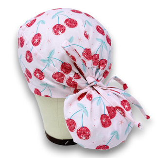 Cherry Ponytail scrub cap for women with satin lined option by Paradise Caps.