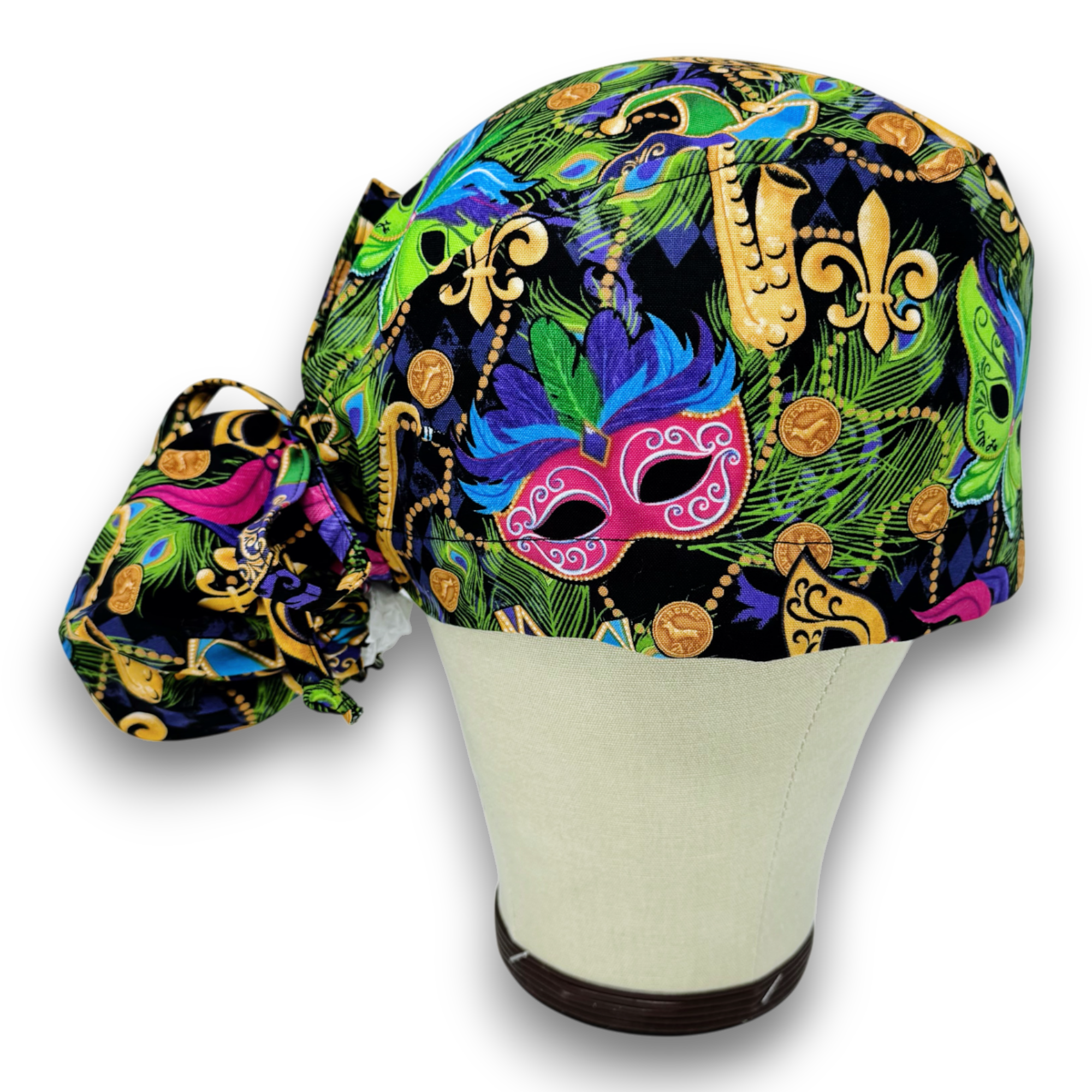 Mardi Gras Ponytail scrub cap for women with satin lined option by Paradise Caps.