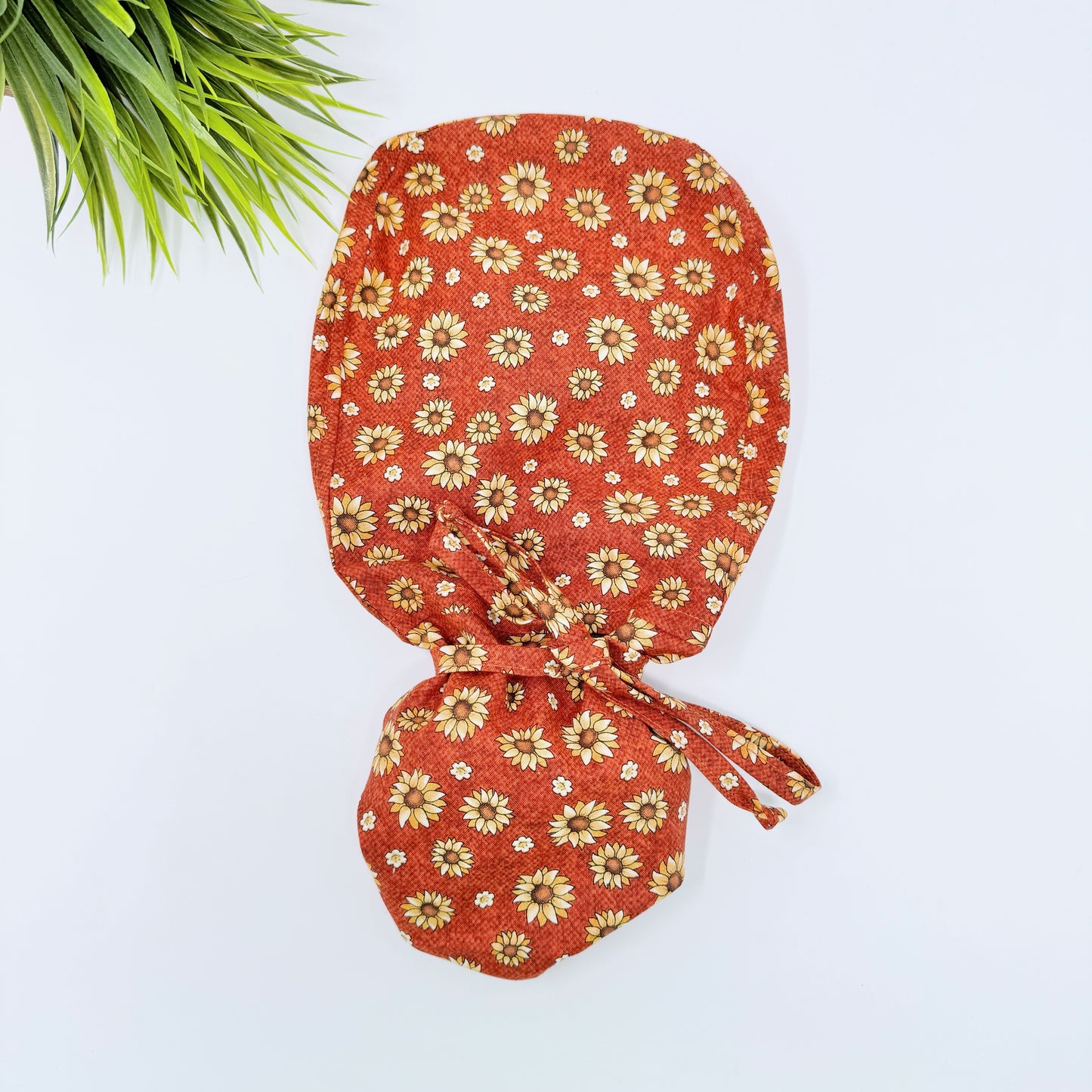 Autumn Flowers Ponytail scrub cap, Surgical cap women. Satin Lined Option Surgical cap with ponytail.