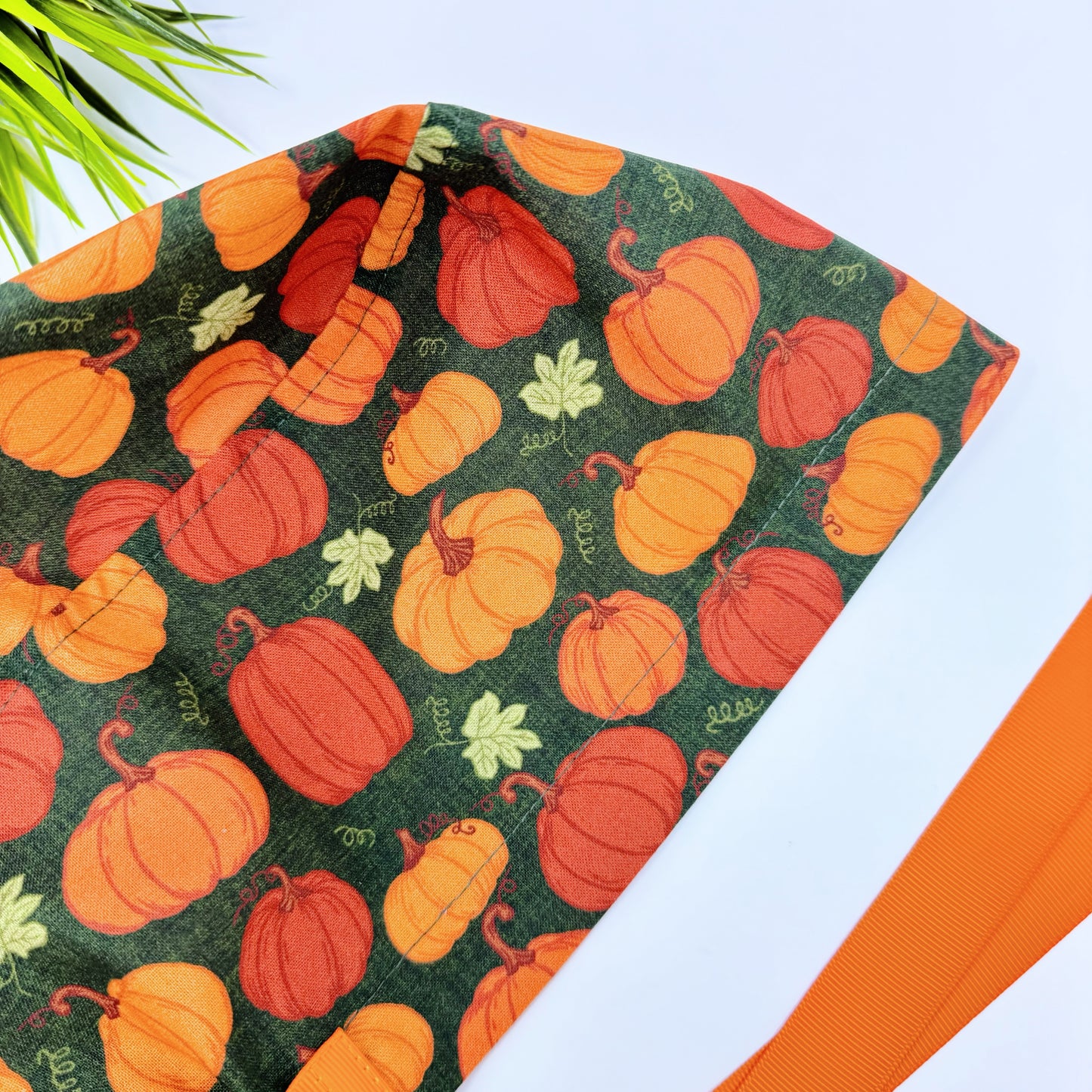 Dark Green Rustic Pumpkins Euro PLUS style with ties Scrub Cap for Women, European Surgical cap with Satin Lined Option.