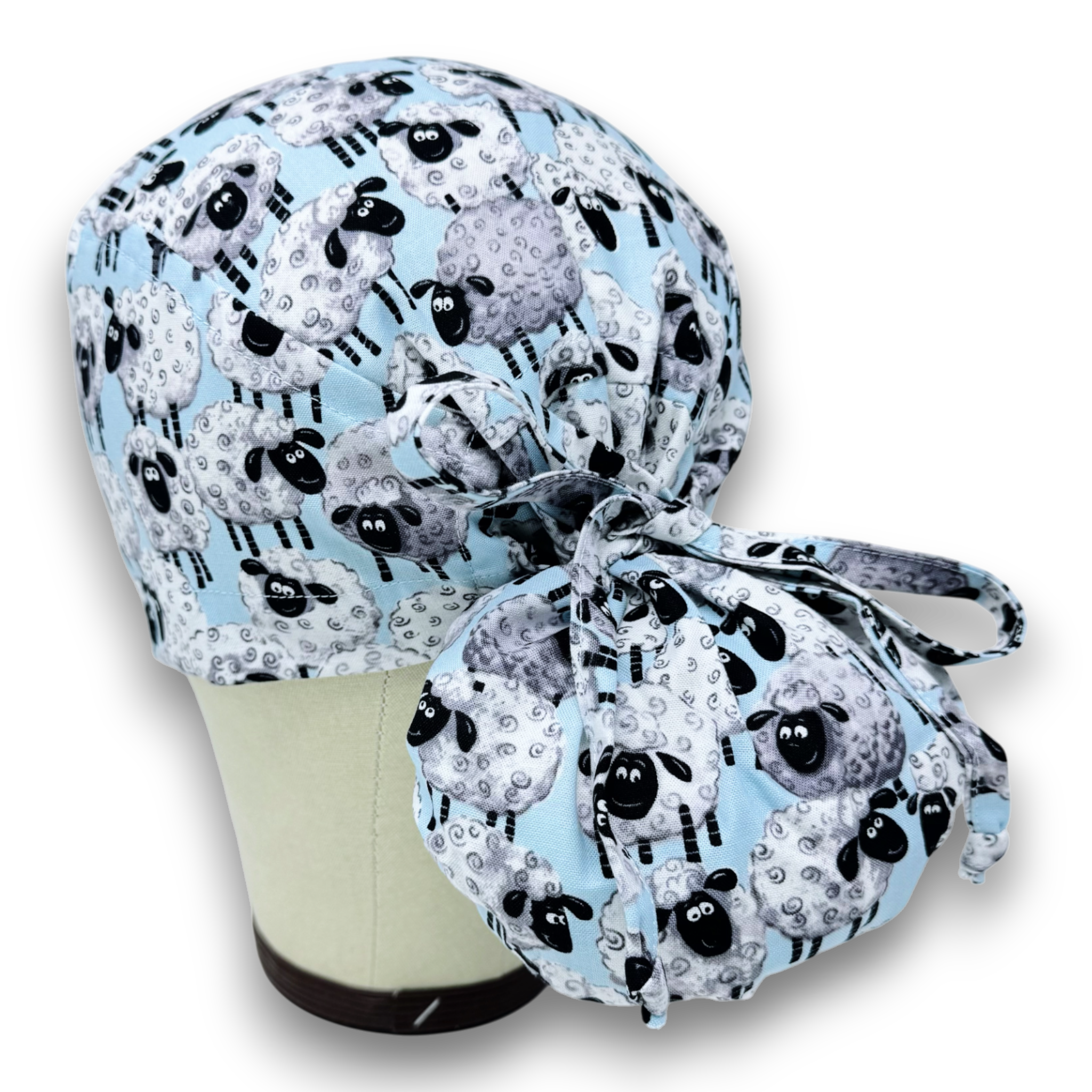 Sheep Ponytail scrub cap for women with satin lined option by Paradise Caps.