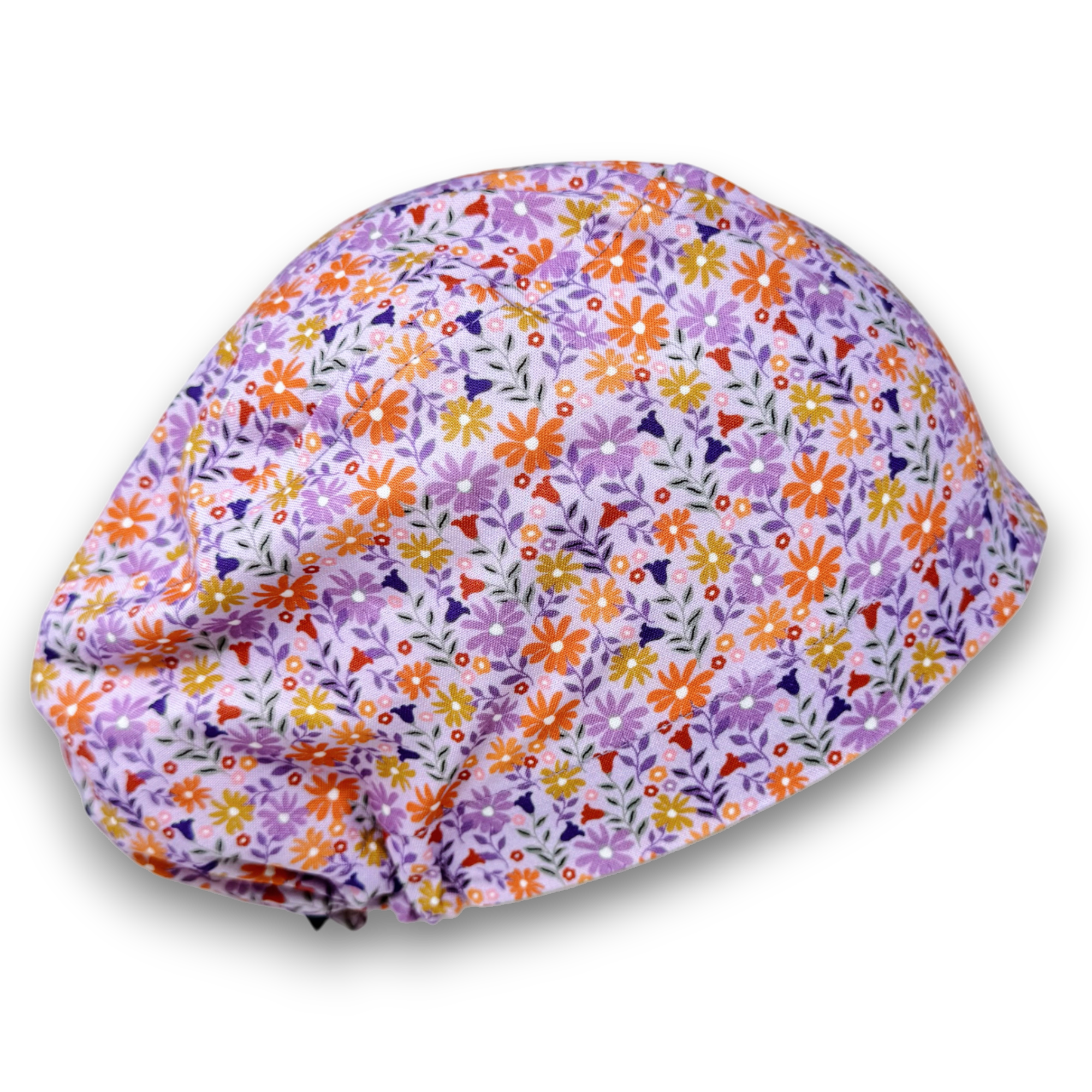 Purple Daisy Euro scrub cap for women, Floral European surgical hat with satin lined by Paradise Caps.